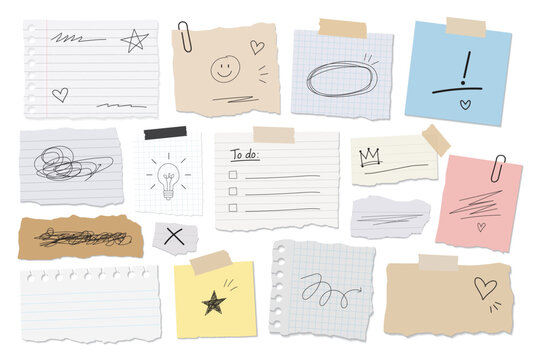 Torn notes and sticky notes with hand drawn doodles, to do list, tape and paper clips, old newspaper clipping, vintage letter shreds, torn book page, vector set