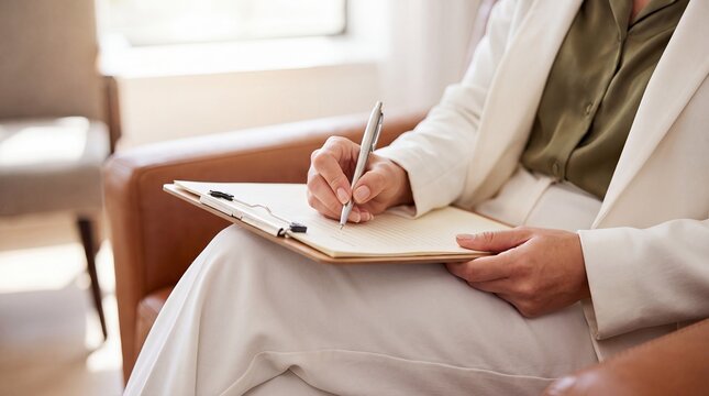therapist clipboard notes counseling consultation psychologist mentalhealth treatment assessment office Close view of a clinician documenting a private session for records and healthcare promotion