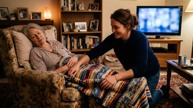 Woman caregiver tucking in a sleeping elderly woman in a cozy living room. Home healthcare assistance and support for senior. Kind daughter showing love and care to aging mother.