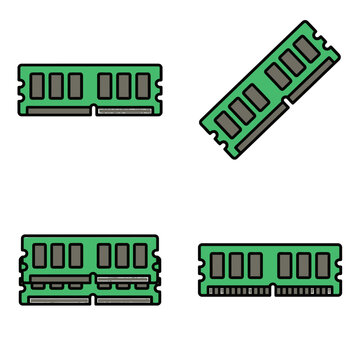 Four distinct representations of random access memory modules, showcasing different orientations and configurations for digital data storage in computer systems, conveying technological