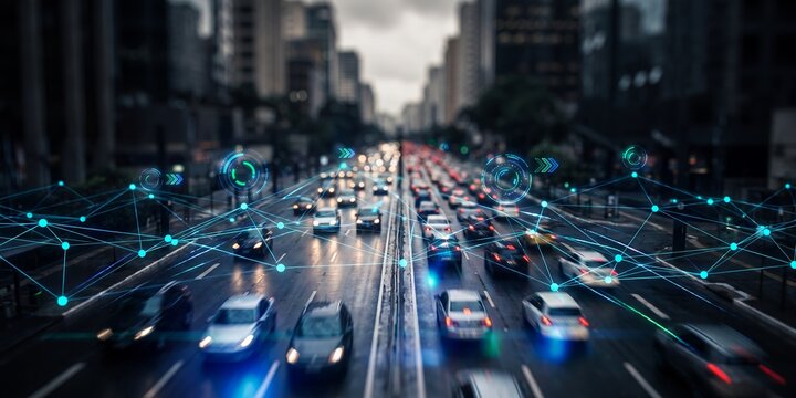 Smart city traffic network photography showcasing connected autonomous cars, digital data overlay and urban vehicle movement, representing intelligent transportation and future mobility