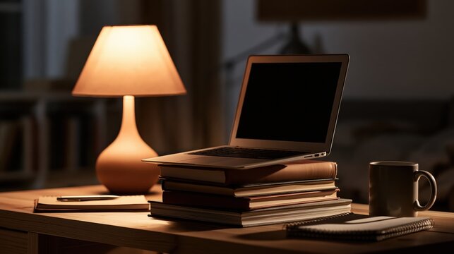 Close up of a laptop propped on a stack of hardback books featuring refined details and soft illumination, authentic lifestyle and wellbeing concept