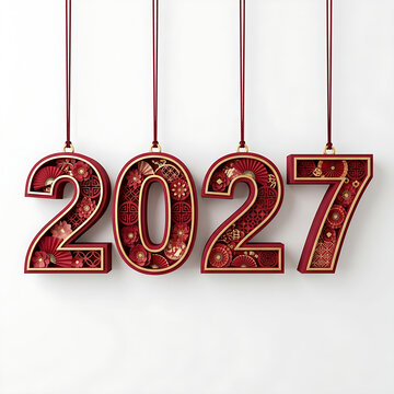Traditional Chinese style 2027 numbers hanging from cords, perfect for Lunar New Year celebration graphic designs.