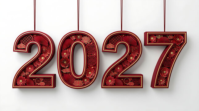 Elegant red 2027 typography featuring paper cut floral art suspended against a bright white isolated background.