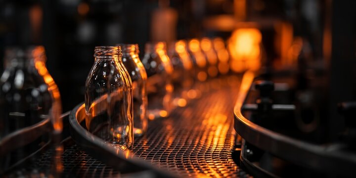 Glass bottles on factory conveyor belt showcasing transparent containers, automated assembly line and glowing heat, representing industrial manufacturing and beverage packaging efficiency