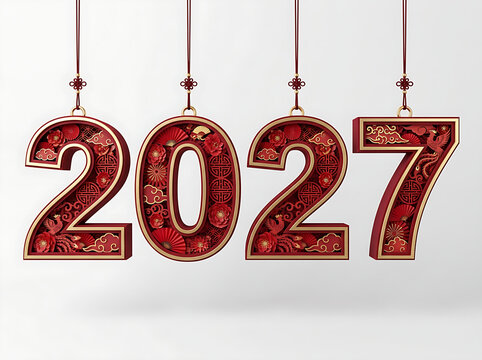 Hanging red and gold 2027 numbers with Chinese paper-cut style decorations isolated on a clean white background.