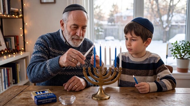 hanukkah menorah grandfather grandson jewish candles family tradition holiday celebration An older man shares the glowing Festival of Lights with a boy for heritage and seasonal family campaigns