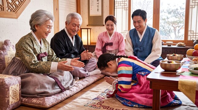 seollal korean hanbok child bow elders lunar newyear tradition family Young child performs the respectful sebae greeting before elders during a celebration of ancestry gratitude and family values