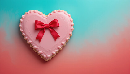 Obraz premium Heart-shaped pink cookie with icing and a red bow on a colorful gradient background, ideal for Valentine's Day or romantic occasions