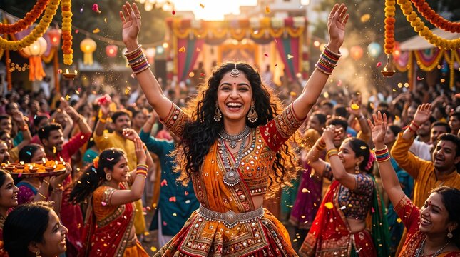Smiling Young Indian Woman Celebrating Navratri Garba Festival with Traditional Dance in Festive Crowd Poster Design