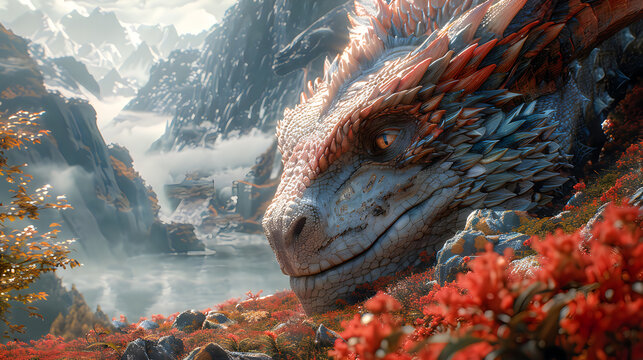 Massive dragon head resting in valley of red flowers and mountains.