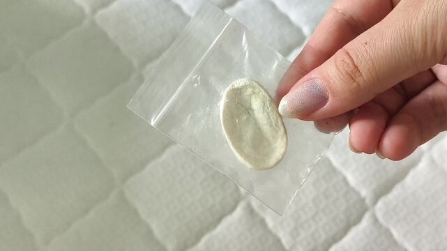 Silkworm cocoon held in hand with bed in background, natural silk fiber, silk pillows and bedding production concept.
