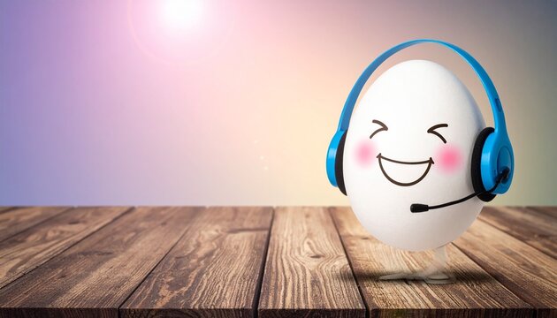 Smiling white egg with headset, cheerful cartoon face, playful communication on colorful background.