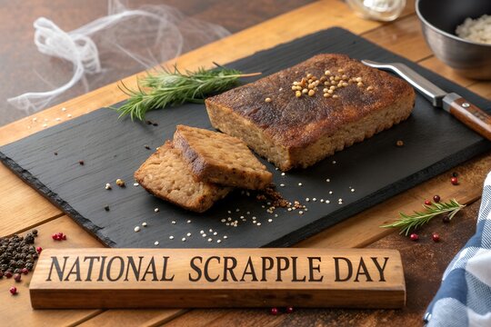 Slices of fried scrapple on a dark slate plate with scrapple, breakfast