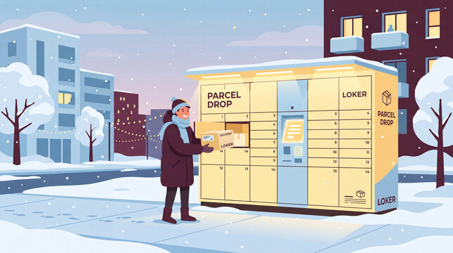 Person placing box in automated parcel drop locker terminal on snowy city street during winter flat vector illustration