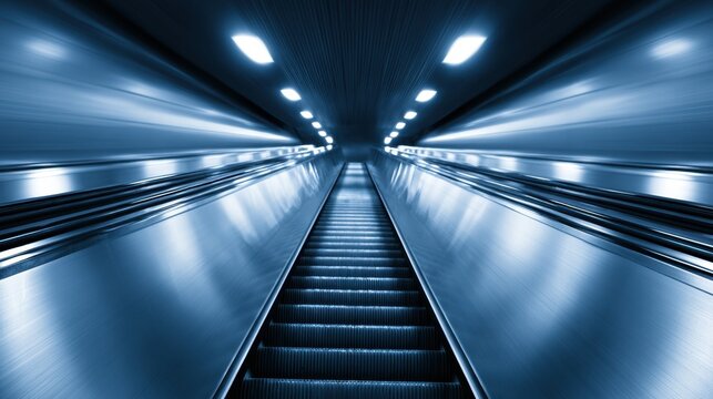Futuristic perspective of an empty metallic escalator in a tunnel with bright overhead lights creating symmetrical blue-toned industrial environment