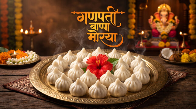 Ganesh Chaturthi Sweet Poster with Steamed Modaks and Ganpati Bappa Morya Text