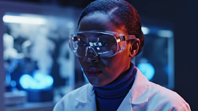 Scientist adjusts protective goggles in blue laboratory light, research safety, experiment preparation, chemical testing, sterile workflow, lab compliance, biotech analysis, and focused innovation.