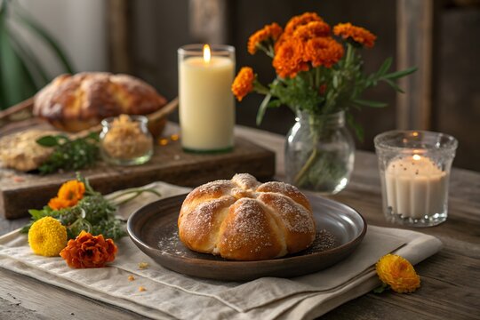 Pan de muerto traditional sweet bread for mexican day of the dead celebration