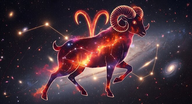 A cosmic depiction of the astrological sign Aries, represented by a fiery ram amidst a starry nebula and constellations.