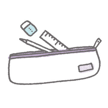 A color illustration of stationery spilling out of a pencil case, it contained an eraser, a ruler, and a pencil.