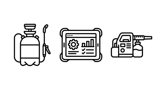 Pest control equipment icons set including backpack sprayer tablet data and portable fogger machine with equipment industry agriculture technology machinery pestcontrol management protection