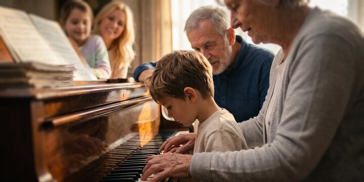 Multigenerational family featuring young boy playing piano, grandparents guiding hands and happy relatives watching, representing intergenerational bonding and musical learning
