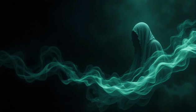 Surrounded by dense clouds of teal and black smoke, a phantom-like spirit floats through the darkness, creating an unsettling yet mesmerizing scene.