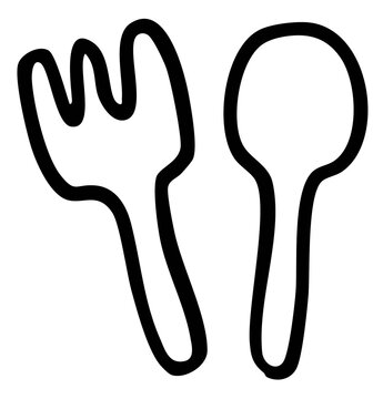 Hand drawn outline of spoon and fork for kid colouring book, art, painting, cutlery, eating, cuisine, food, kitchenware, kitchen, department store, sticker, home decor, online shopping, supermarket