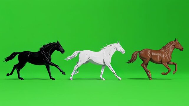 Three horses running in sequence during a cinematic motion sequence on a green screen background with copy space