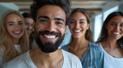 Fototapeta premium Happy Diverse Group of Young Adults Smiling Together in Modern Office with Friendship, Teamwork, and Positive Community Concept