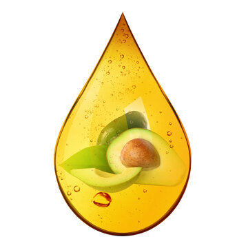 Drop of avocado oil with fruits on transparent background
