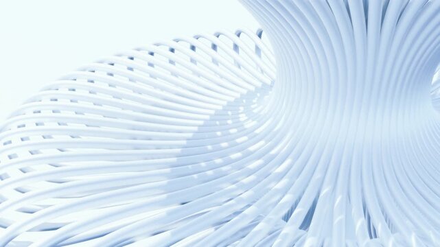 Futuristic clean white background animation with rotating parametric ribbed wireframe vortex for biotech and medical presentation