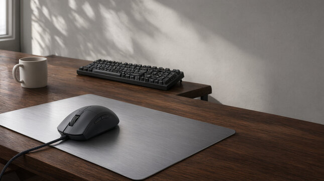A modern minimalist workstation features a black gaming mouse on a sleek metallic pad.