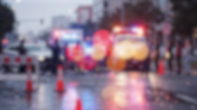 Abstract Blurred Emergency Response Scene with Ambulance and Police Lights, Road Accident Background