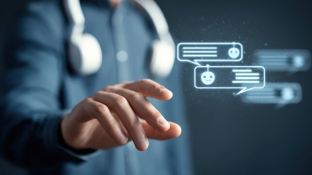 Man interacting with digital chat bubbles