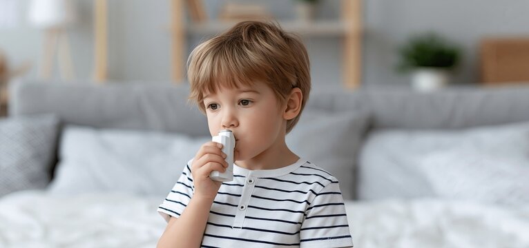 In a cozy, sunlit bedroom, a young child uses an inhaler, highlighting asthma management and family health.