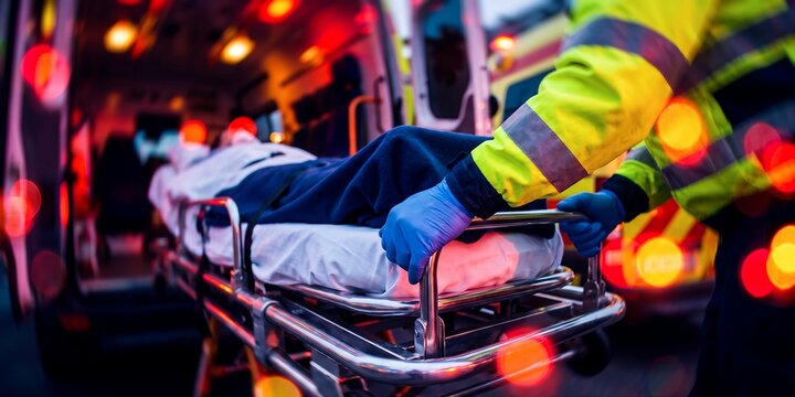 Paramedics and emergency responders showcasing stretcher transport, urgent patient care and ambulance lights, symbolizing critical health intervention and life saving service