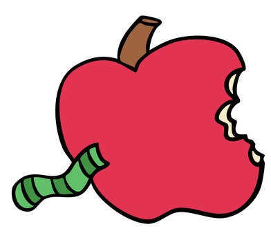 Hand drawn bitten red apple with worm inside for fruit, food, marathon, race, people, diet, exercise, sport, lifestyle, grocery shopping, supermarket, breakfast, light lunch, vegan