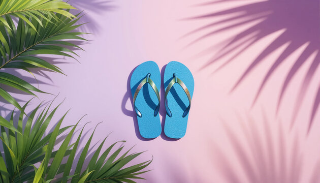Stylish blue flip flops displayed on a bright lilac backdrop with surrounding tropical foliage, creating a cheerful vacation theme.