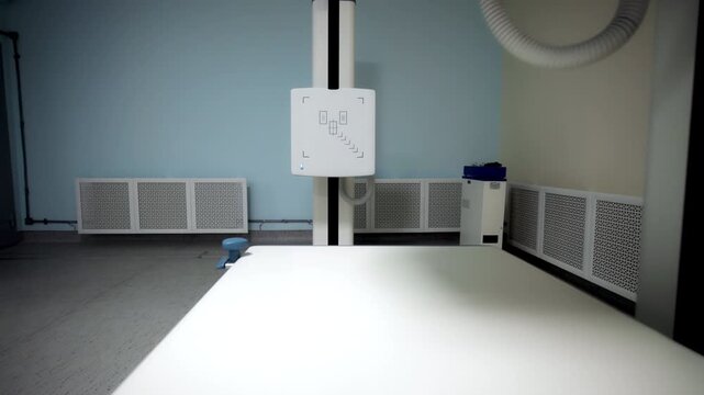 Modern x-ray machine hangs above empty medical examination table. Clean laboratory room setup evokes professional clinical atmosphere