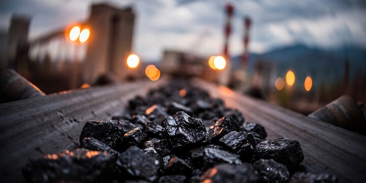 Coal mining industrial conveyor belt featuring raw black coal pieces, heavy processing machinery and industrial lights, symbolizing fossil energy production and resource extraction