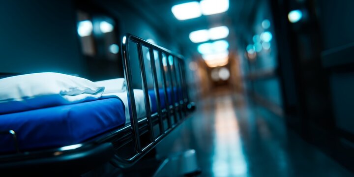 Empty hospital bed in dark corridor showcasing blue atmospheric lighting, metallic bed rails and blurred hallway perspective, representing emergency medical care and healthcare urgency