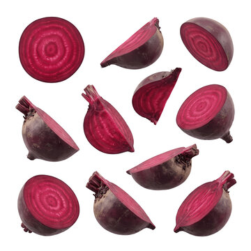 Fresh raw beetroot slices and quarters collection isolated white with beetroots with beetroots on transparent background