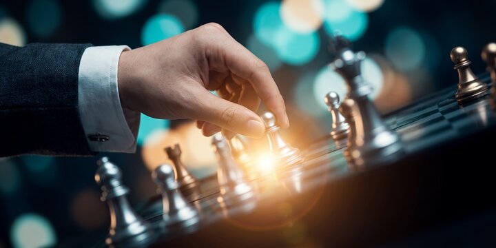 Businessman hand on chessboard showcasing strategic move, silver chess pieces and focused hand placement, representing corporate leadership and business strategy
