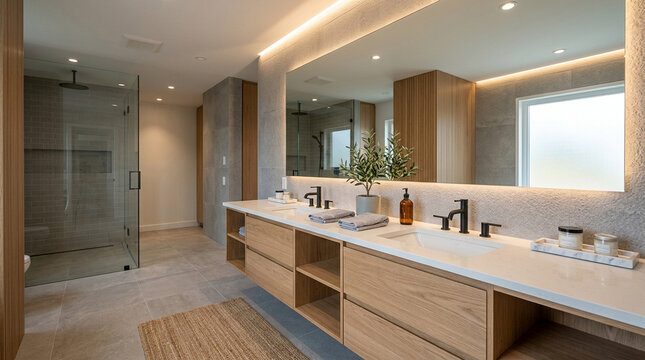 Modern luxury bathroom with wood vanity double sinks and walk-in shower.