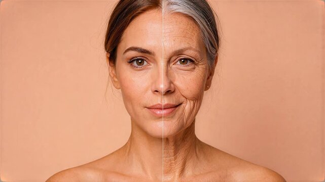 Split screen of a young and elderly woman's face. Woman's face and shoulders with subtle smile and graying hair