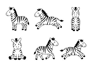 Obraz premium A collection of cute cartoon zebras in different poses and actions.