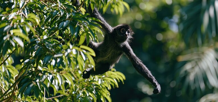 In a tropical rainforest, a lively spider monkey swings energetically among dense green vines and foliage.