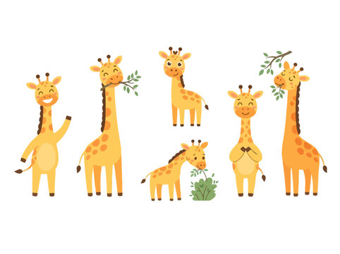 Six cute cartoon giraffes in various poses and activities illustrating joyful and playful wildlife behavior.